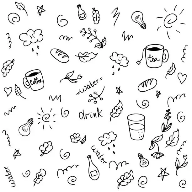 Vector illustration of Vector doodle set of drink more water summer theme. Cartoon style. Hand drawn vector illustration. Design for T-shirt, textile and prints.