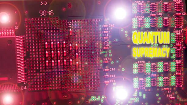 istock Quantum supremacy concept over an electronic plate illuminated with reddish light and with four points of light in the corners 1398507710