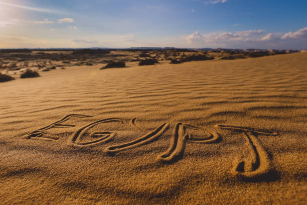 Inscription Egypt on the Sandy Surface of the White Desert Protected Area, Farafra Oasis in Egypt