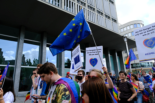 People gather for the 'Belgian Pride', a manifestation of lesbian, gay, bisexual and transgender oriented people in Brussels, Belgium on May 21, 2022.