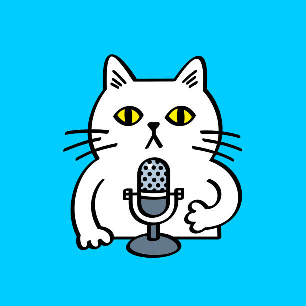 illustrazioni stock, clip art, cartoni animati e icone di tendenza di podcast di registrazione di gatti bianchi tramite microfono - vector blog drawing animal