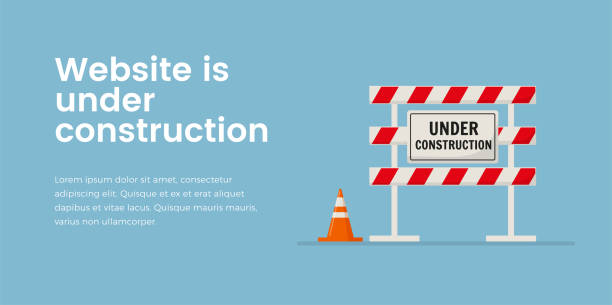 Under construction road sign with striped fence, landing page template, flat vector illustration. Under construction road sign with striped fence, landing page template, flat vector illustration. Traffic sign board as symbol of website under construction. Web banner with road barrier. repairing construction site construction web page stock illustrations