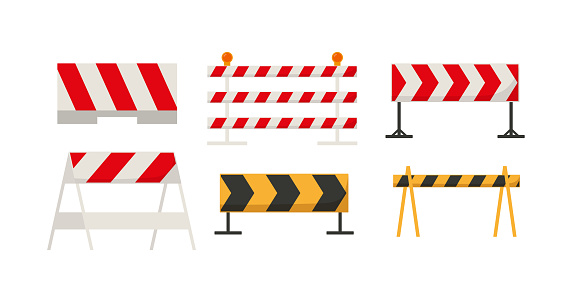 Traffic barriers and fences with white and red stripes, flat vector illustration isolated on white background. Set of road sign showing the direction of driving. Warning signs for construction works.