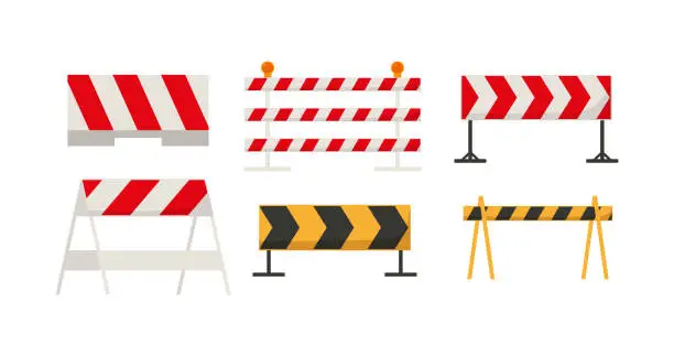 Vector illustration of Traffic barriers and fences with white and red stripes, flat vector illustration isolated on white background.
