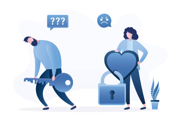 Female character rejected fan. Upset man leaves with big key. Angry woman holding heart with padlock Female character rejected fan. Upset man leaves with big key. Angry woman holding heart with padlock. Girl rejected feelings of his lover. Concept of non-reciprocal love. Flat vector illustration unrequited love quotes stock illustrations