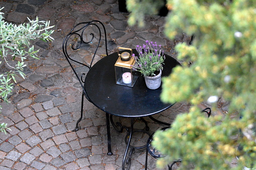 High angle view of courtyard inspired by France