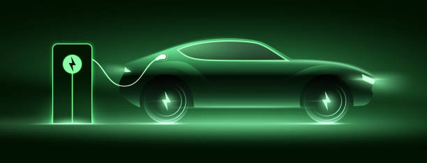 Electric car charging on the station, vector illustration. Green glowing EV filling up a battery. Electric car charging on the station, vector illustration. Green neon glowing EV vehicle filling up a battery. Modern hybrid SUV or sports car design with voltage symbol on the wheels. hybrid car stock illustrations