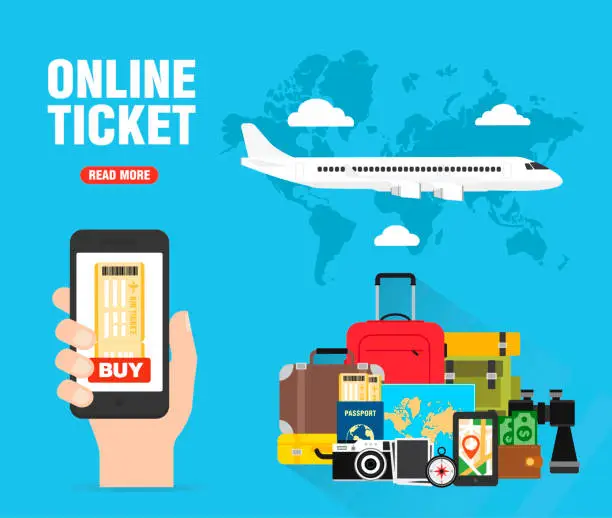 Vector illustration of Online ticket buy. Time to travel concept design flat banner with airplane