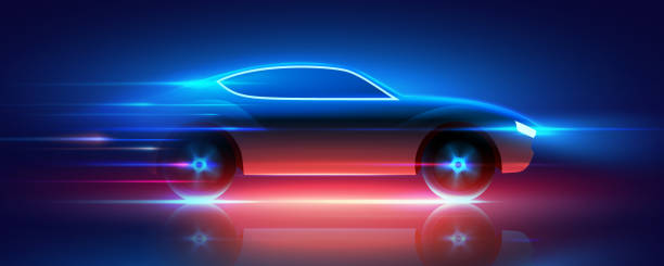 파란색과 빨간색으로 빛나는 네온 조명이 고속으로 달리는 빠르게 움직이는 자동차, 벡터 일러스트 레이 션 - vehicle light stock illustrations
