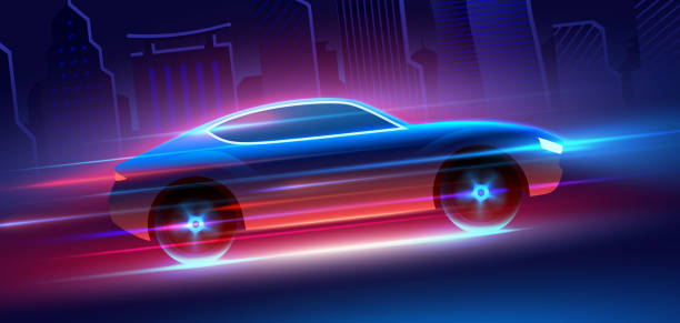 istock Fast car with blue and red neon lights running at high speed on a downtown city vector background. 1398510173