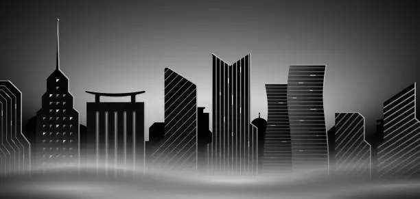 Vector illustration of Black and white foggy night city skyline with skyscrapers, panoramic dark vector background