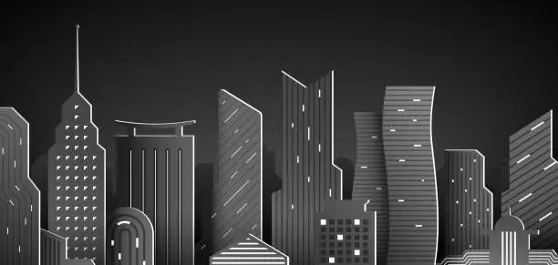 Vector illustration of Night downtown skyline with skyscrapers, architectural paper model dark vector background