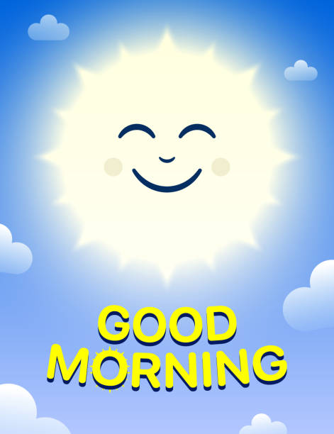 istock Good Morning funny vector design with a happy sun character on blue sky background with white clouds 1398510380