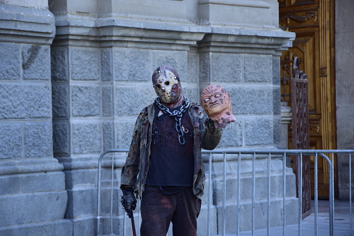 Santiago, Chile - 21 february 2017: Friday the 13th slasher Jason Voorhees with machete The central square of Santiago.