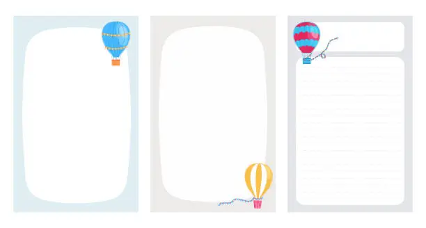 Vector illustration of Collection of planners, agenda, notes, goals, and to do list with hand drawn cartoon aerostat. Template for schedule, planners, checklists, notepads, notes and cards on pastel background