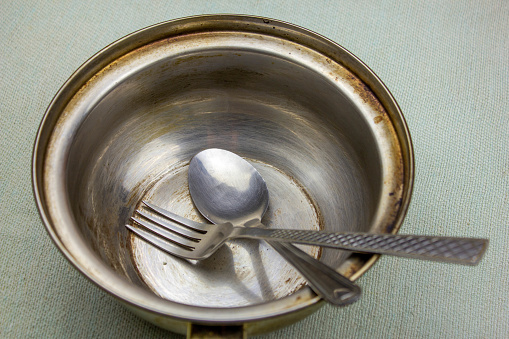 The Spoon and fork and empty plate.Plate metal bowl hunger.Hunger concept.