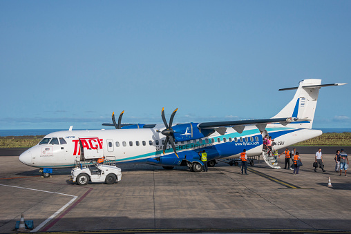 Santiago island, Cape Verde - August 28, 2015: Plane parked at the airport of Praia, capital of the archipelago