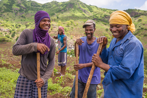 Santiago island, Cape Verde - September 03, 2015: Young farmers in the Sao Domingos region in the interior of the island