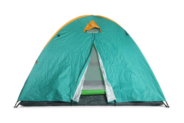 istock Bright turquoise camping tent on white background 1398515831