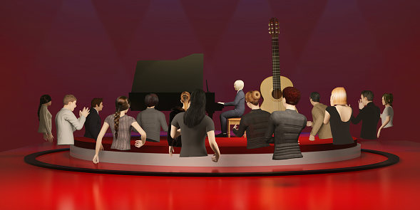 Metaverse concert party avatars and online music performances via VR glasses in the world of Metaverse 3D illustrations