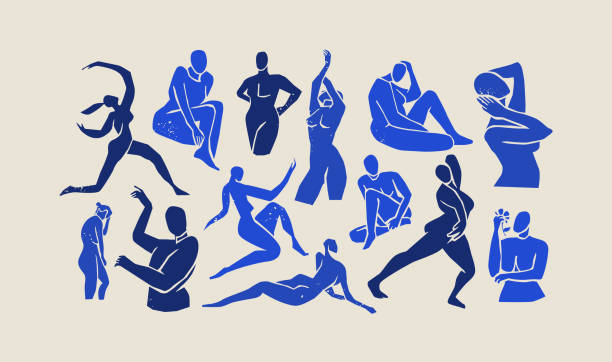 Abstract blue people body silhouette illustration set Abstract androgynous blue people body silhouette illustration set on isolated white background. Vintage collage style figure collection of women in diverse poses. androgyn stock illustrations