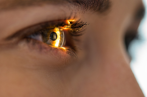 El haz de luz brilla a través de la retina y el cristalino en el examen de la vista photo
