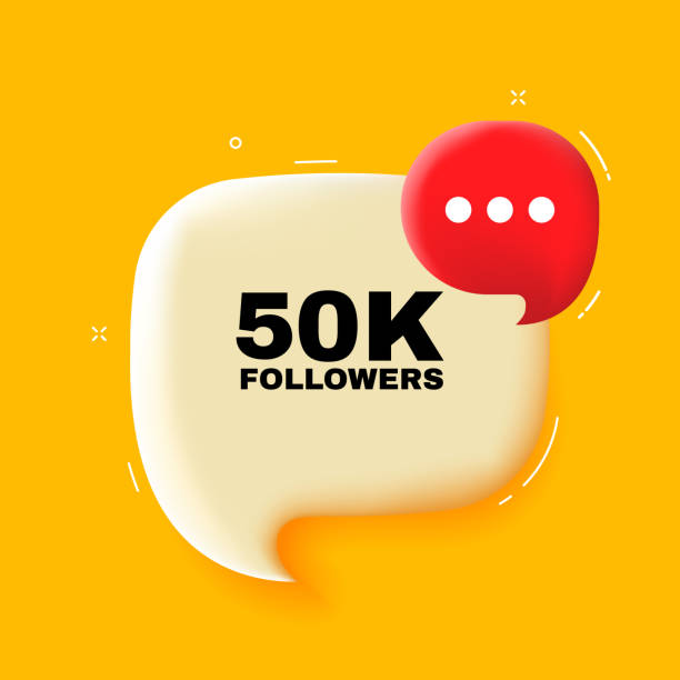 50 k follower. sprechblase mit 50 k followern text. 3d-illustration. pop-art-stil. vektorliniensymbol für business und werbung - k pop stock-grafiken, -clipart, -cartoons und -symbole