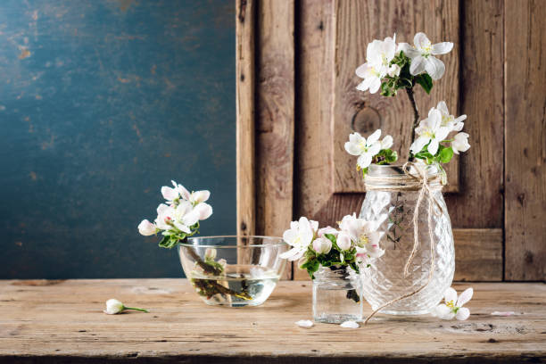 Apple blossom in a glass bowl.