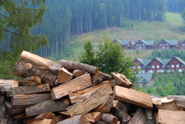 Pile Of Firewood With Wooden Cottages In Background