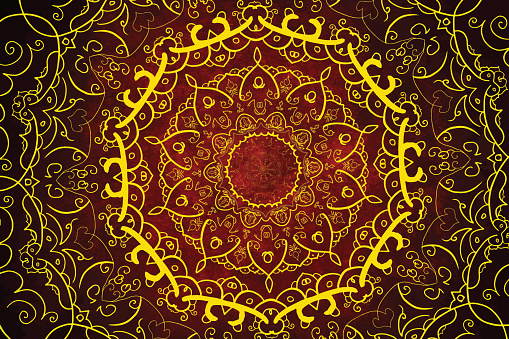 Creative Mandala with yellow lines on a red background