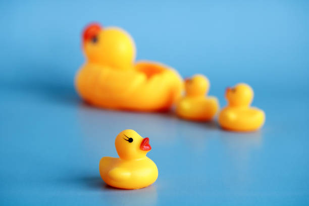 istock rubber duck with ducklings on a blue background. 1398525986