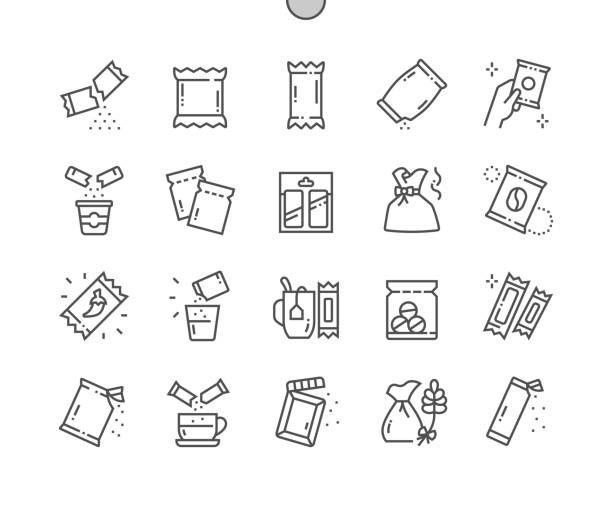 Sachet. Sugar powder packet, soluble pill. Aromatic sachet. Open package. Pixel Perfect Vector Thin Line Icons. Simple Minimal Pictogram Sachet. Sugar powder packet, soluble pill. Aromatic sachet. Open package. Pixel Perfect Vector Thin Line Icons. Simple Minimal Pictogram sachet stock illustrations