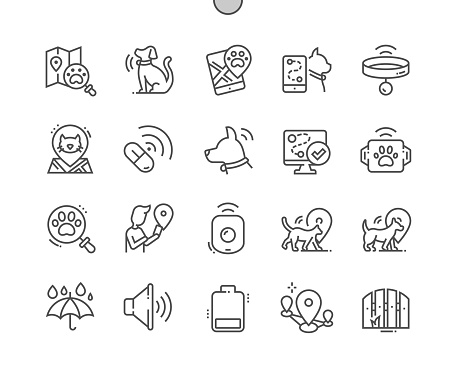 Pet tracking. Dog microchipping. Pet collar. App pet gps tracking. Pixel Perfect Vector Thin Line Icons. Simple Minimal Pictogram