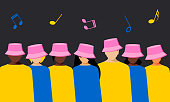 Men and women in pink panamas together on a black horizontal poster. Musical notes fly overhead. Vector.