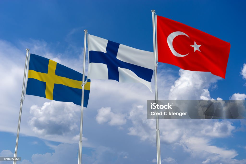 Flags of Sweden, Finland and Turkey Waving with Cloudy Blue Sky Background. 3d Rendering Türkiye - Country Stock Photo