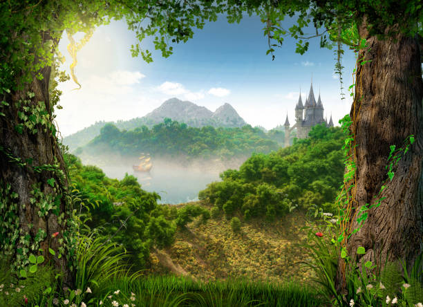 вид через красивый очаровательный сказочный лес на замок и парусный корабль - fairy стоковые фото и изображения