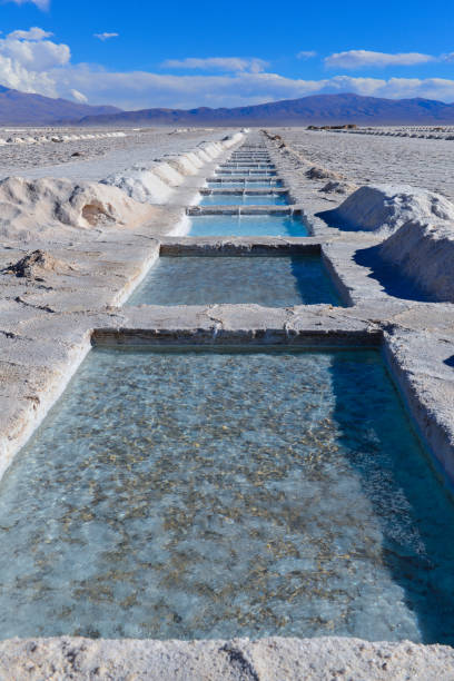 Turquoise-colored salt extraction pools in the Salinas Grandes of Jujuy stock photo