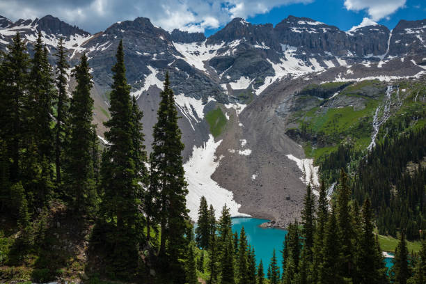 istock Forest with blue lake and mountains 1398534299