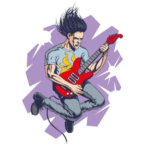 Vector illustration of Rock or punk music guitar player or guitarist jumping. Vector illustration.