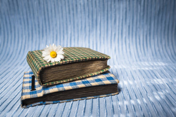 Old nostalgic photo album with small daisy flower on blue rippled background (copy space)