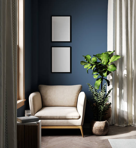 Mockup two vertical poster frames in blue farmhouse living room, 3d rendering