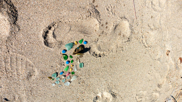 istock Footprints with crystals and seashells at the sandy beach. 1398543070