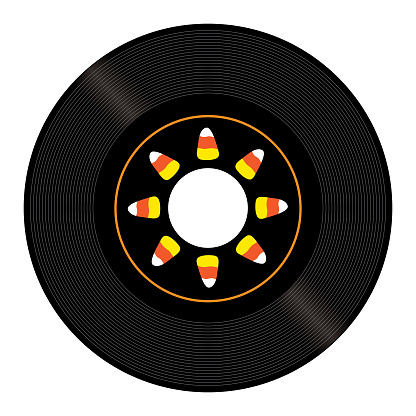 Vector illustration of a 45rpm record with  candy corn on the  label.