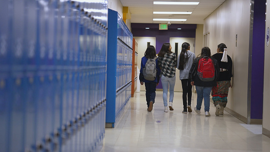 Five school kids walking away of camera through school corridor