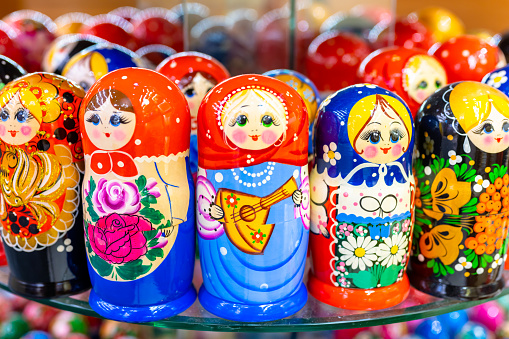 Moscow, Russia - January 18, 2022: Russian folk souvenirs nesting dolls. Tourism in Russia.