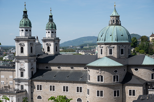 Sight  towards the center of the city. The Fortress Hohensalzburg can be seen located on a mountain