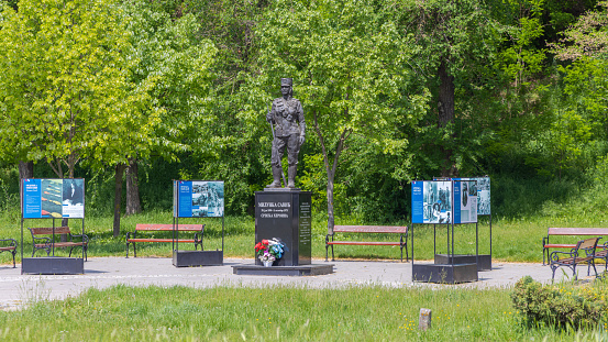 Indjija, Serbia - May 08, 2022: Bronze Statue of Milunka Savic War Heroine Memorial Park.