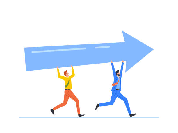 istock Tiny Business Team Characters Holding Huge Arrow. Teamwork, Financial Success , Investment, Goal Achievement Concept 1398554375