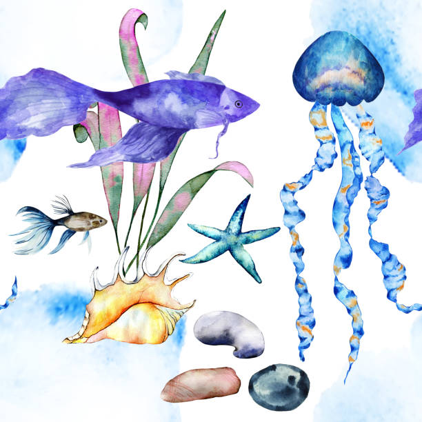 istock Watercolor fish seamless pattern.Tropical fishes, seaweed on white background. 1398554400