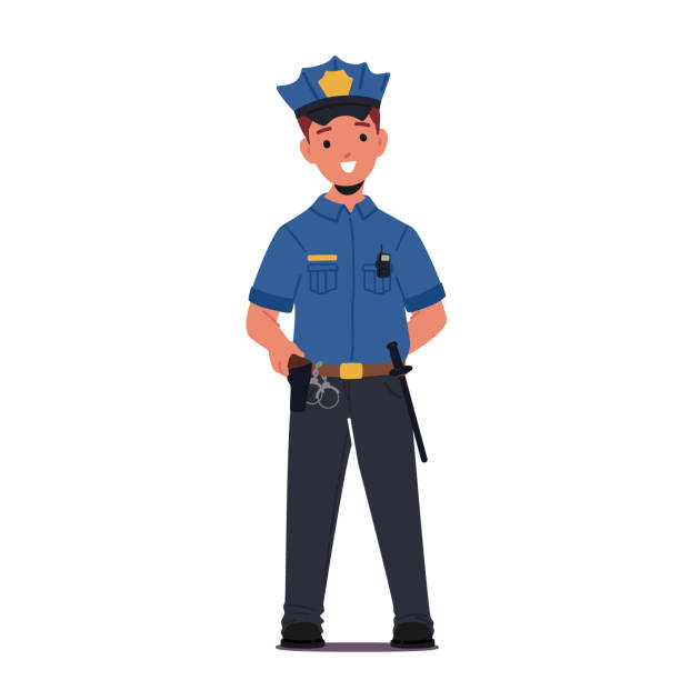 ilustraciones, imágenes clip art, dibujos animados e iconos de stock de carácter de policía infantil, profesión de ciudad, concepto de ocupación. lo que quiero ser cuando crezca. disfraz de policía para niños - policía